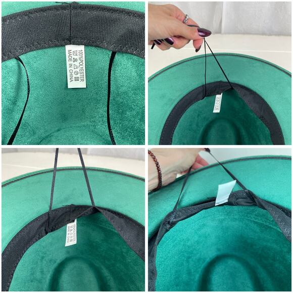 Emerald Green Faux Suede Hand Burned Wide Flat Brim Hat Sunflowers ADJUSTABLE SZ - Picture 16 of 16